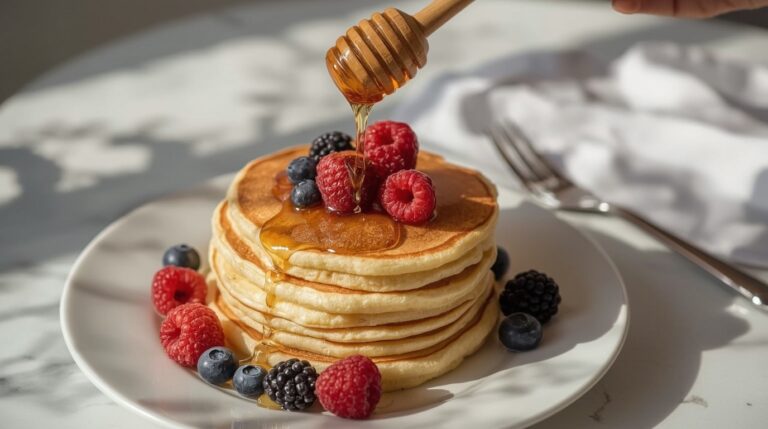 Pancake bertumpuk dengan madu dituangkan dan dihias buah stroberi dan blueberry
