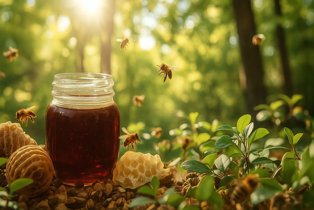 Jar madu hutan asli di tengah hutan dengan sinar matahari pagi dan lebah terbang di sekitar sarang