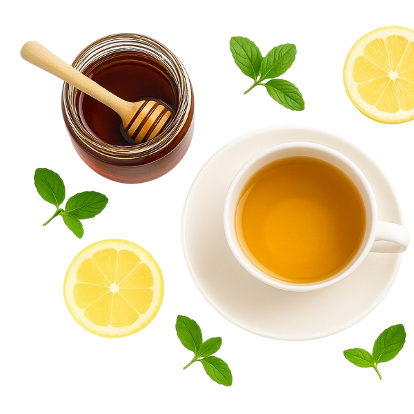 Cangkir teh madu dengan lemon, daun mint, dan toples madu di atas latar putih