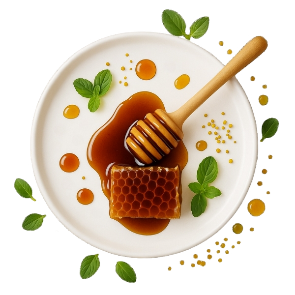 Sarang madu, sendok kayu, tetesan madu, dan daun mint di atas piring putih dengan tampilan minimalis dan alami