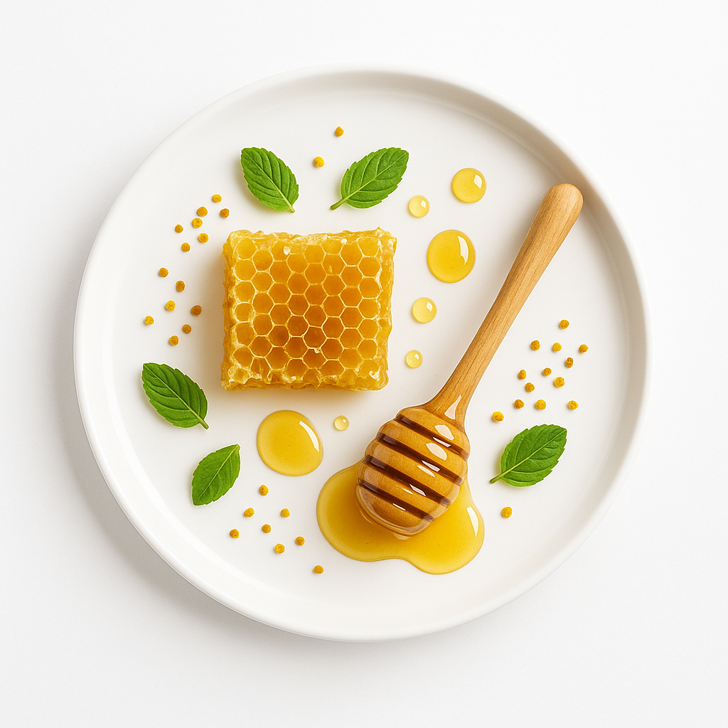 Sarang madu, sendok kayu, tetesan madu, dan daun mint di atas piring putih dengan tampilan minimalis dan alami