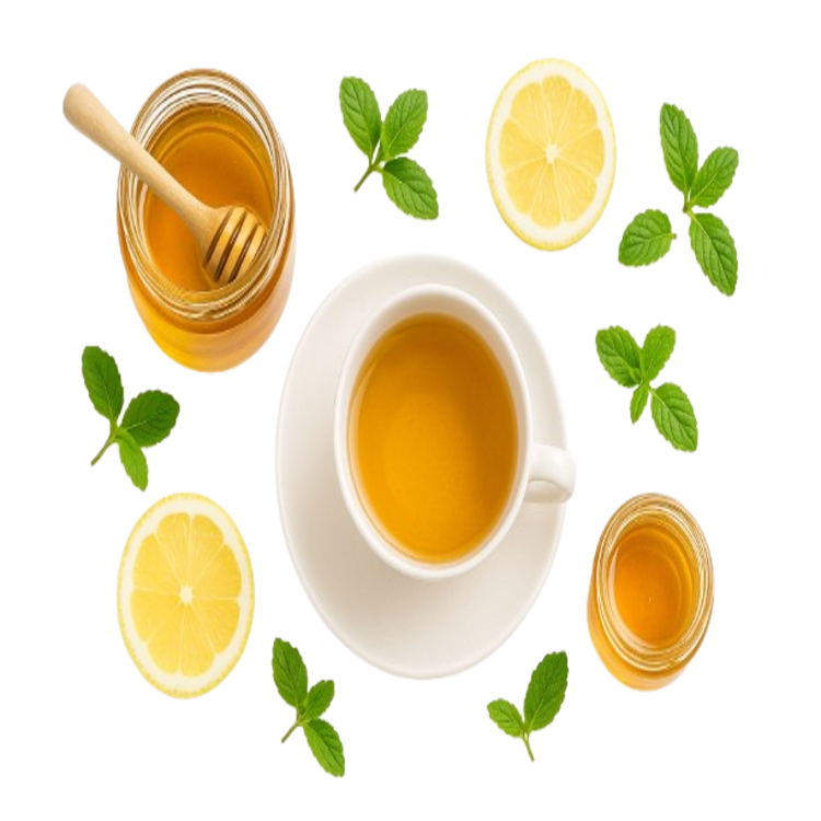 Cangkir teh madu dengan lemon, daun mint, dan toples madu di atas latar putih
