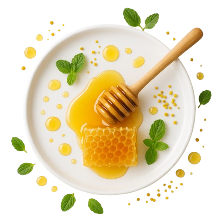 Sarang madu, sendok kayu, tetesan madu, dan daun mint di atas piring putih dengan tampilan minimalis dan alami