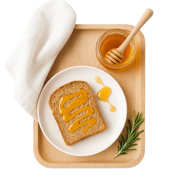 Roti gandum dengan madu di atas piring putih, disajikan di atas nampan kayu dengan toples madu dan rosemary