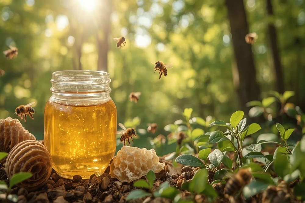 Jar madu hutan asli di tengah hutan dengan sinar matahari pagi dan lebah terbang di sekitar sarang